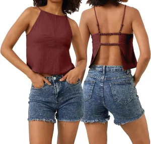 Women Sexy Backless Crop Tops Sleeveless Camisole Spaghetti Strap Corset Tank Top Summer Going Out Bustier