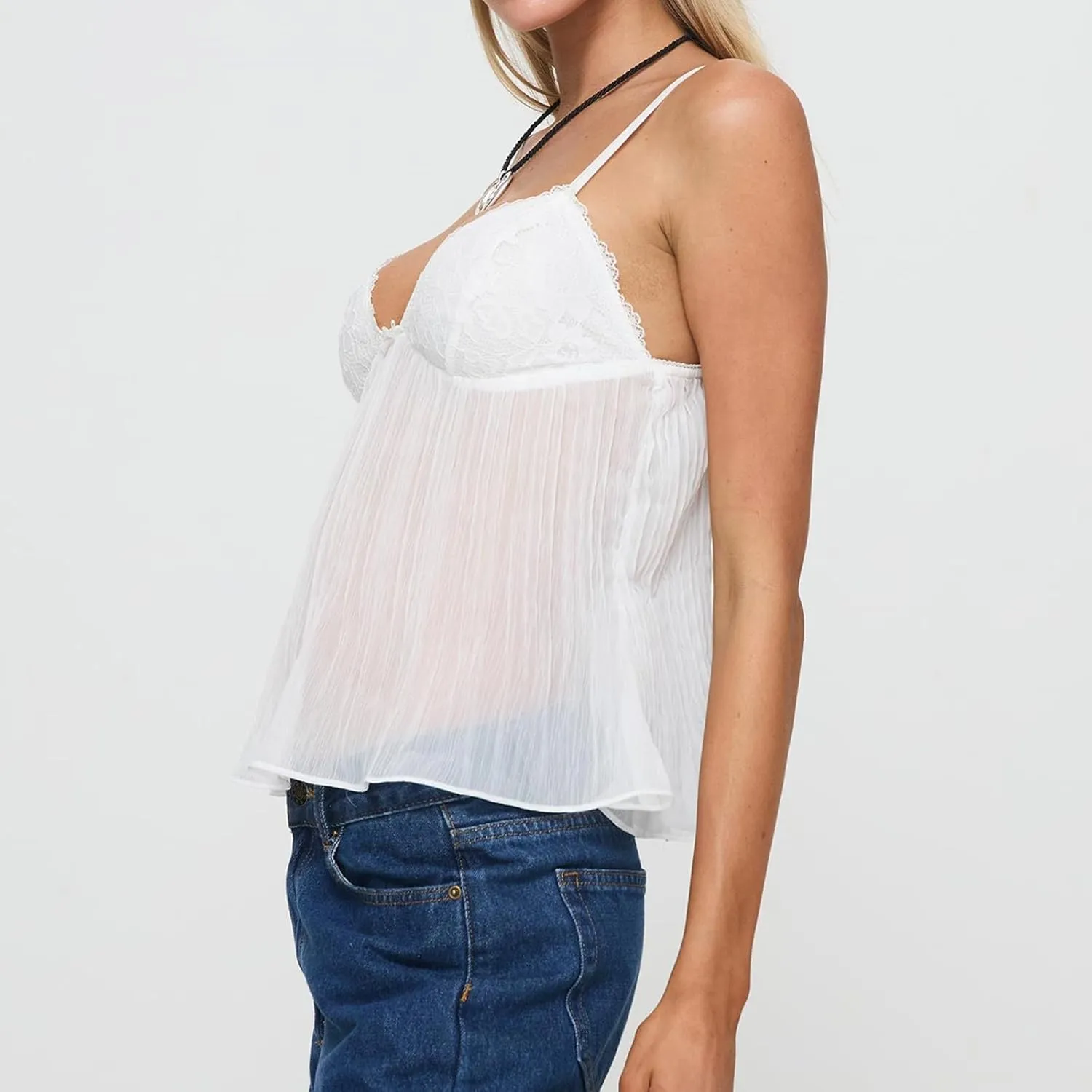 Women Sexy Y2k Lace Trim Camisole Spaghetti Strap Sheer Mesh Tank Top V-Neck Pleated Camisole Streetwear