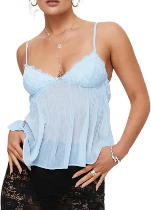 Women Sexy Y2k Lace Trim Camisole Spaghetti Strap Sheer Mesh Tank Top V-Neck Pleated Camisole Streetwear