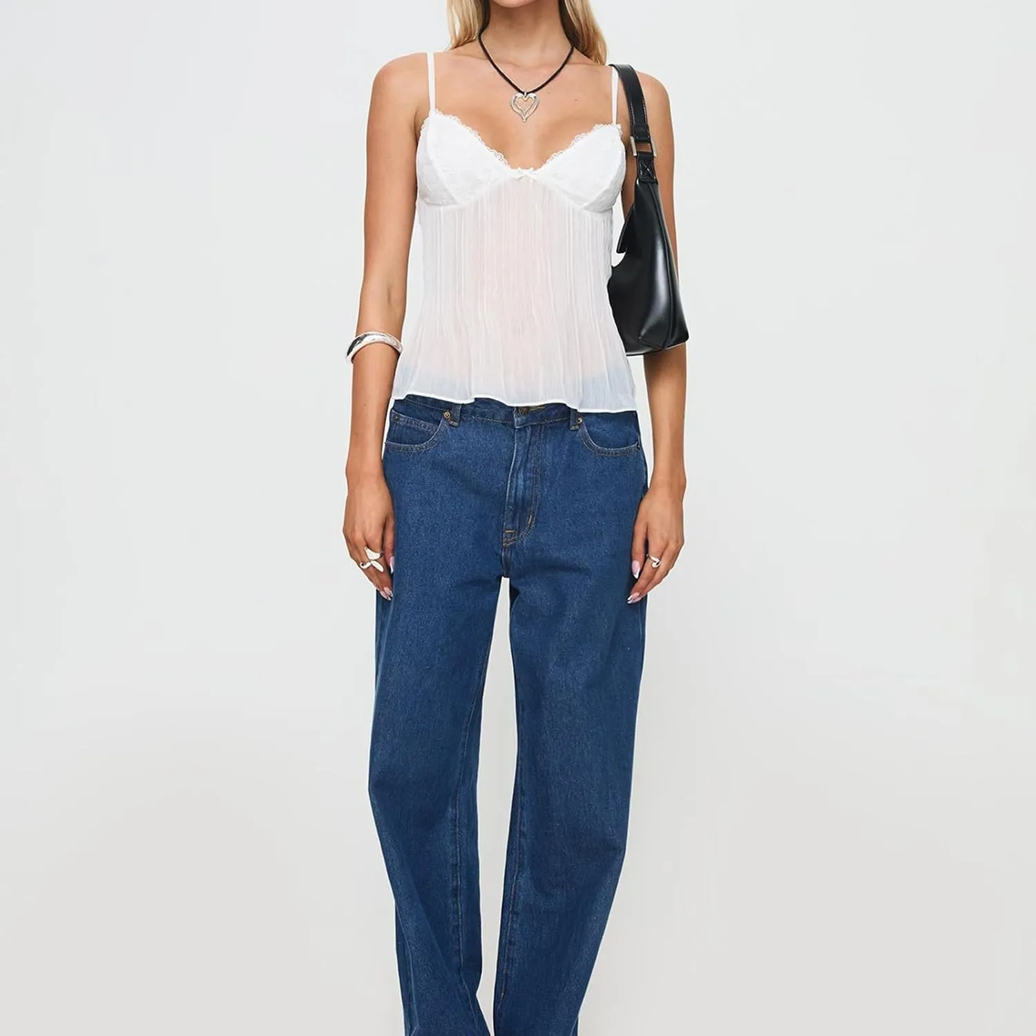 Women Sexy Y2k Lace Trim Camisole Spaghetti Strap Sheer Mesh Tank Top V-Neck Pleated Camisole Streetwear
