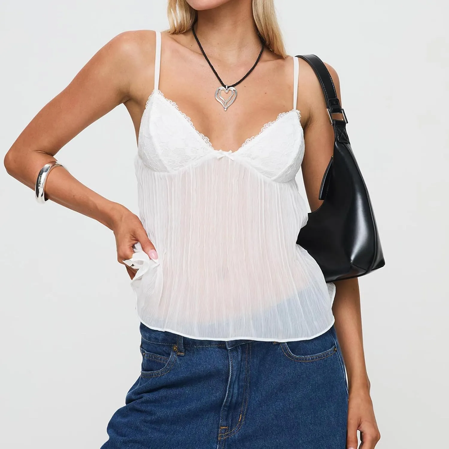 Women Sexy Y2k Lace Trim Camisole Spaghetti Strap Sheer Mesh Tank Top V-Neck Pleated Camisole Streetwear