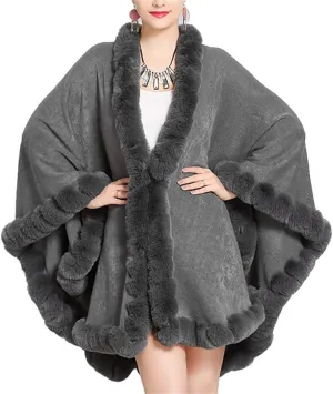 Women Solid Color Faux Fox Fur Cloak Knit Poncho large Cape Winter Shawl Coat