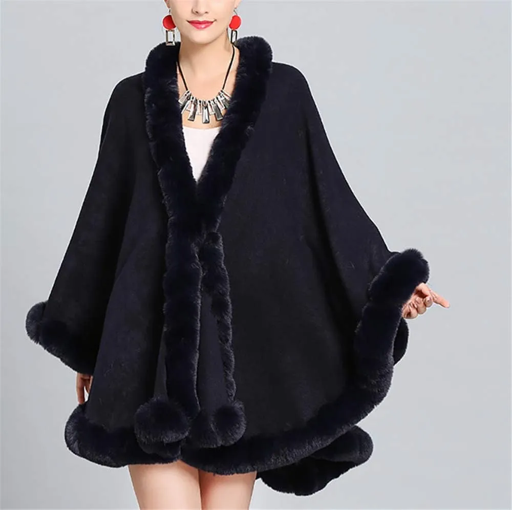 Women Solid Color Faux Fox Fur Cloak Knit Poncho large Cape Winter Shawl Coat