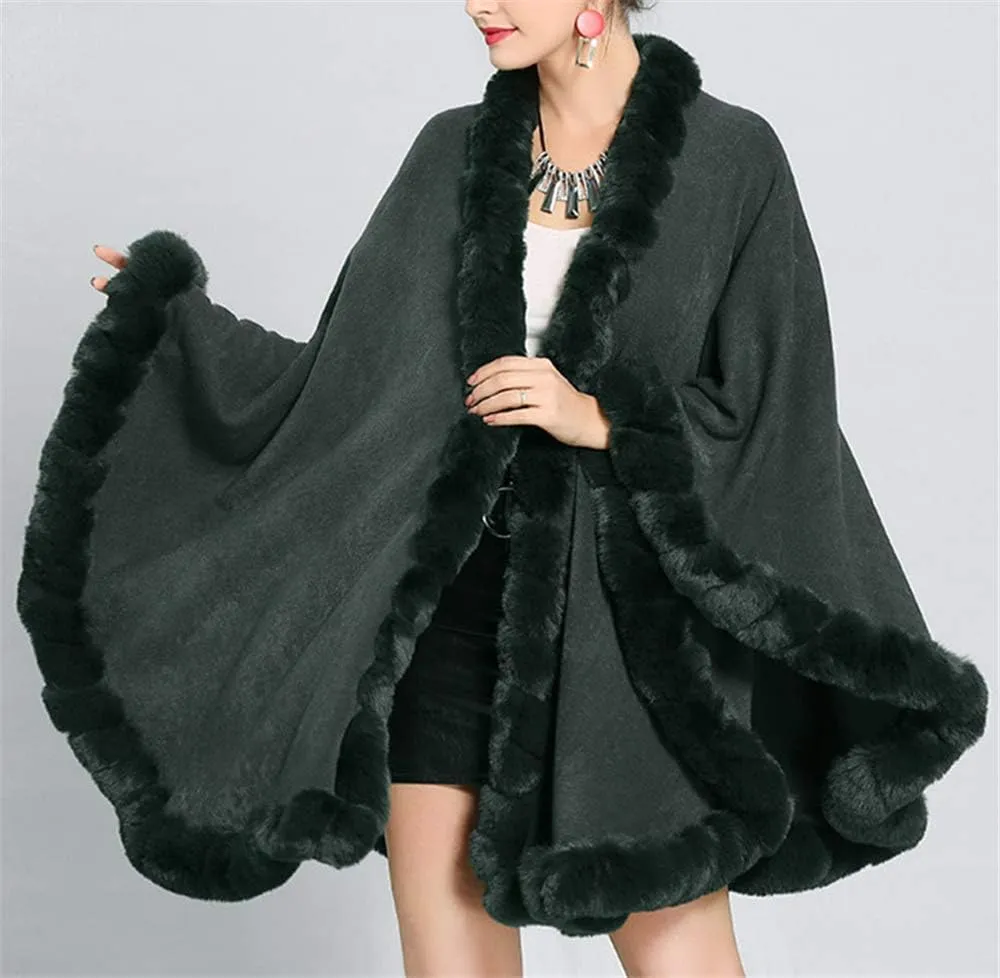 Women Solid Color Faux Fox Fur Cloak Knit Poncho large Cape Winter Shawl Coat