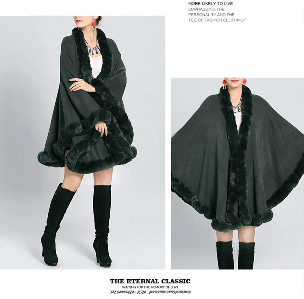 Women Solid Color Faux Fox Fur Cloak Knit Poncho large Cape Winter Shawl Coat
