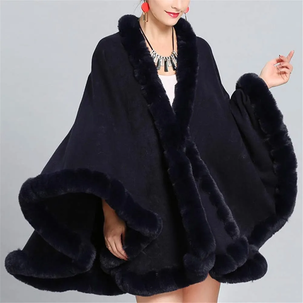 Women Solid Color Faux Fox Fur Cloak Knit Poncho large Cape Winter Shawl Coat