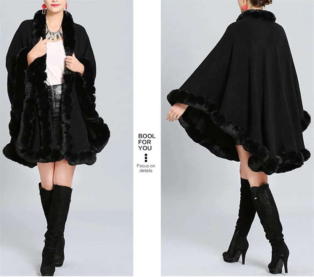 Women Solid Color Faux Fox Fur Cloak Knit Poncho large Cape Winter Shawl Coat