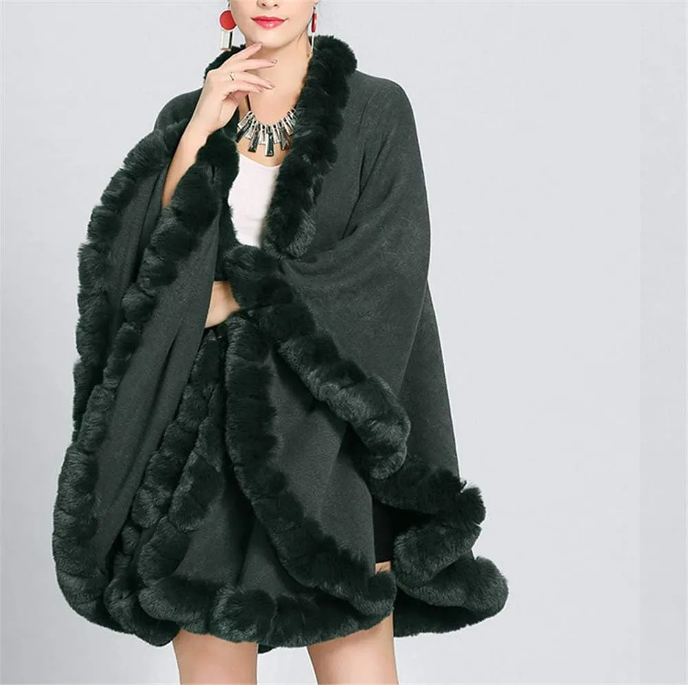Women Solid Color Faux Fox Fur Cloak Knit Poncho large Cape Winter Shawl Coat