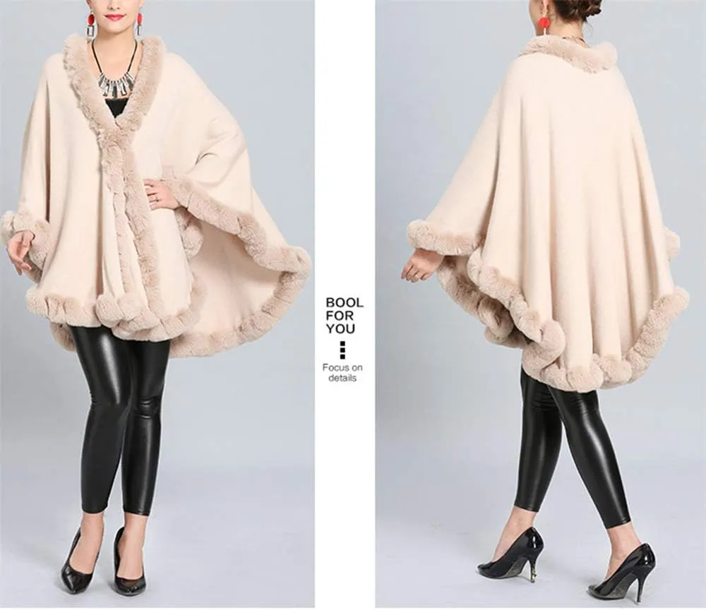Women Solid Color Faux Fox Fur Cloak Knit Poncho large Cape Winter Shawl Coat