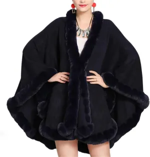 Women Solid Color Faux Fox Fur Cloak Knit Poncho large Cape Winter Shawl Coat