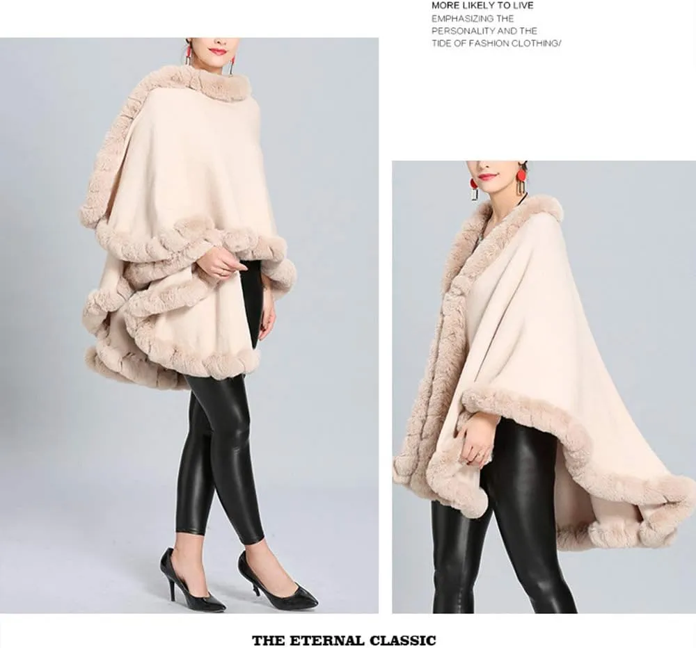 Women Solid Color Faux Fox Fur Cloak Knit Poncho large Cape Winter Shawl Coat