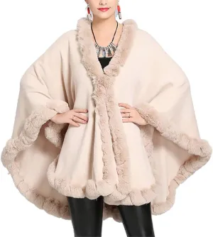 Women Solid Color Faux Fox Fur Cloak Knit Poncho large Cape Winter Shawl Coat