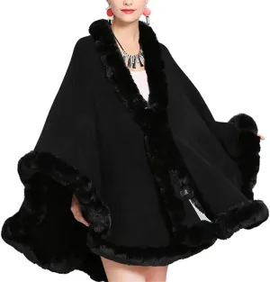 Women Solid Color Faux Fox Fur Cloak Knit Poncho large Cape Winter Shawl Coat