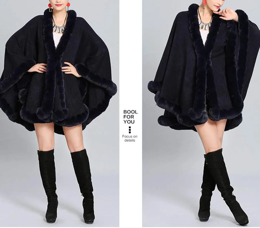 Women Solid Color Faux Fox Fur Cloak Knit Poncho large Cape Winter Shawl Coat