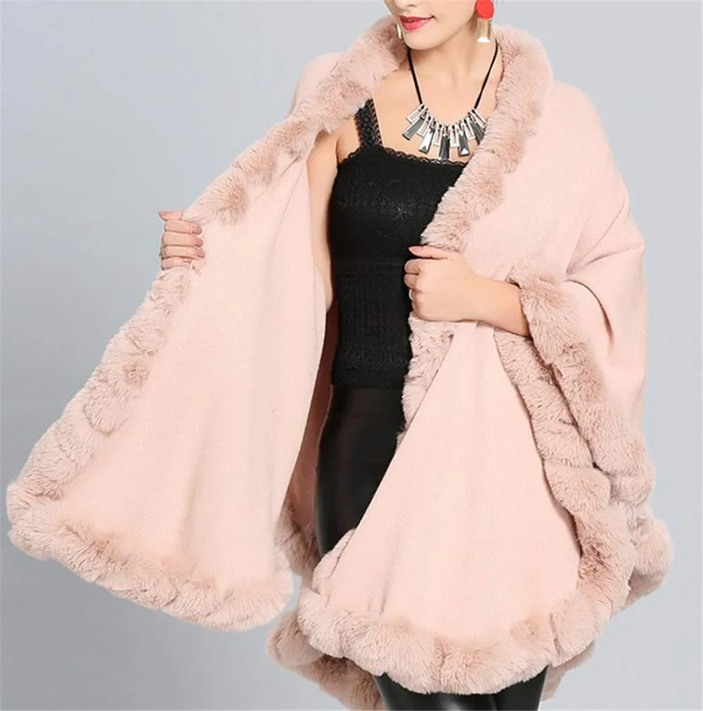Women Solid Color Faux Fox Fur Cloak Knit Poncho large Cape Winter Shawl Coat