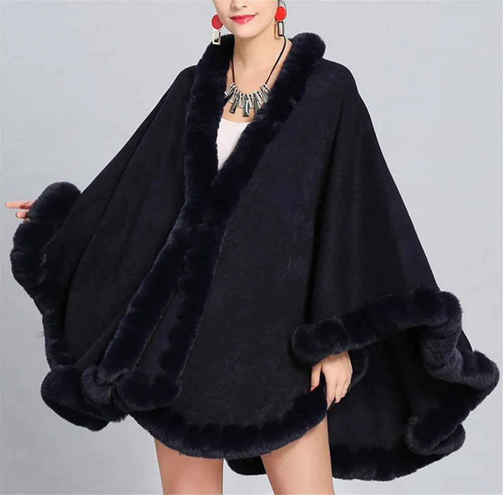 Women Solid Color Faux Fox Fur Cloak Knit Poncho large Cape Winter Shawl Coat