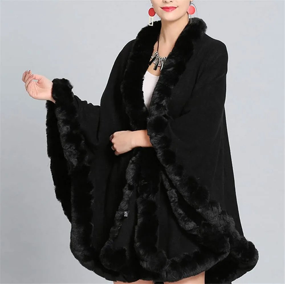 Women Solid Color Faux Fox Fur Cloak Knit Poncho large Cape Winter Shawl Coat