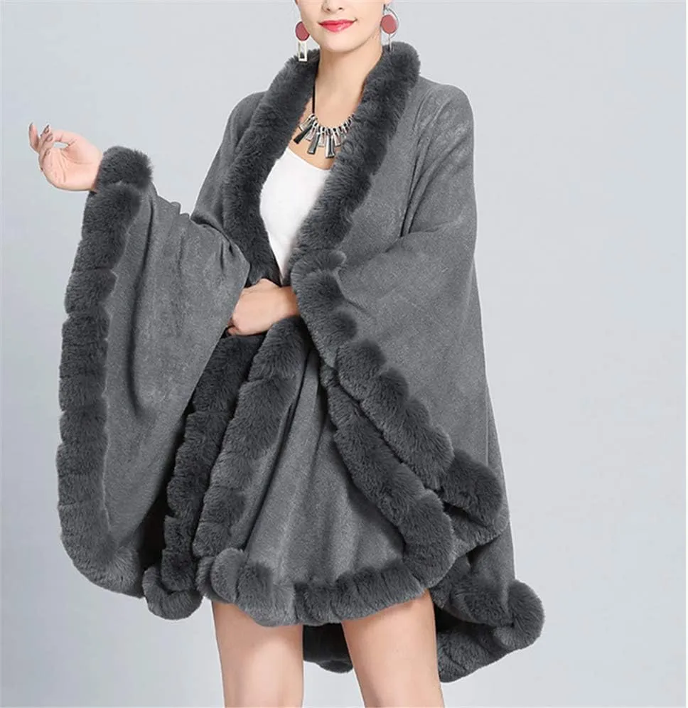 Women Solid Color Faux Fox Fur Cloak Knit Poncho large Cape Winter Shawl Coat