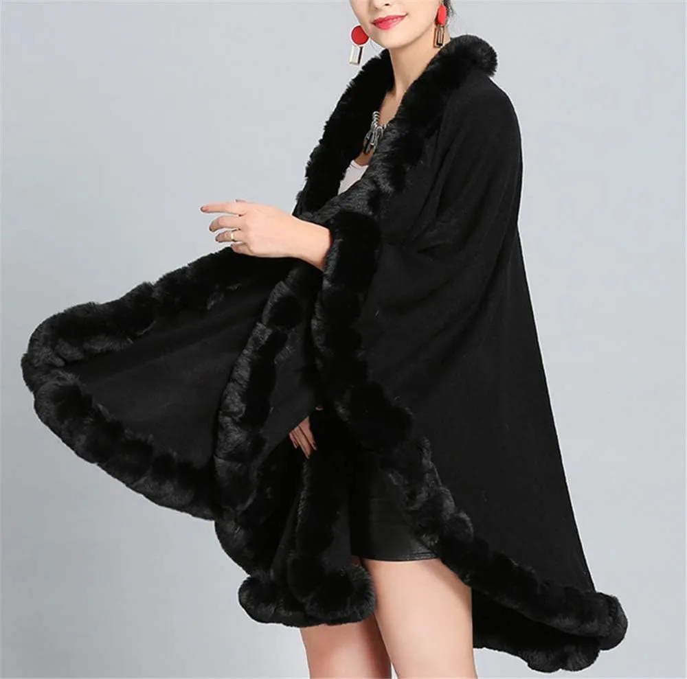 Women Solid Color Faux Fox Fur Cloak Knit Poncho large Cape Winter Shawl Coat