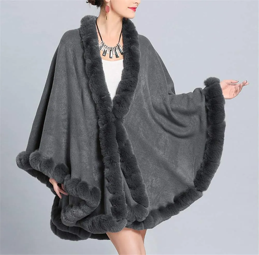 Women Solid Color Faux Fox Fur Cloak Knit Poncho large Cape Winter Shawl Coat
