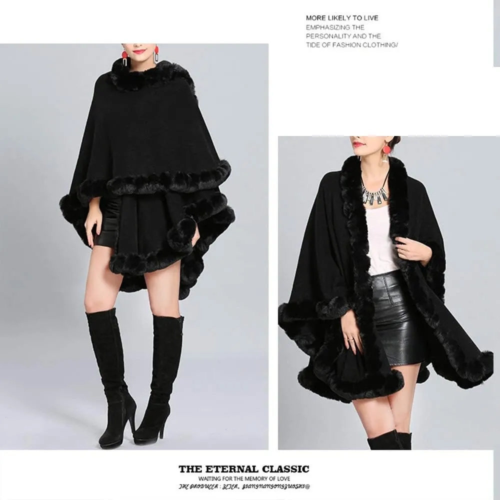 Women Solid Color Faux Fox Fur Cloak Knit Poncho large Cape Winter Shawl Coat