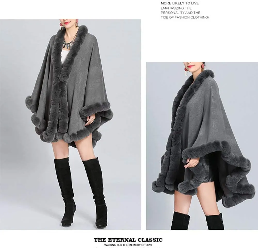 Women Solid Color Faux Fox Fur Cloak Knit Poncho large Cape Winter Shawl Coat