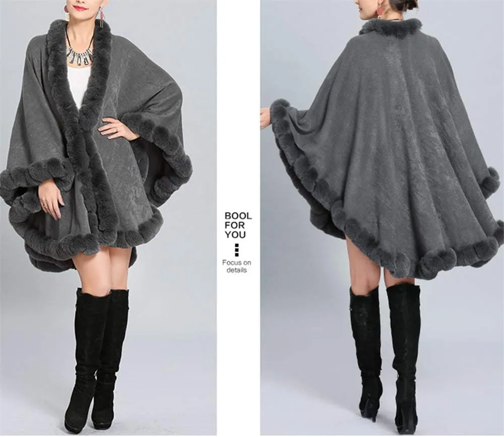 Women Solid Color Faux Fox Fur Cloak Knit Poncho large Cape Winter Shawl Coat