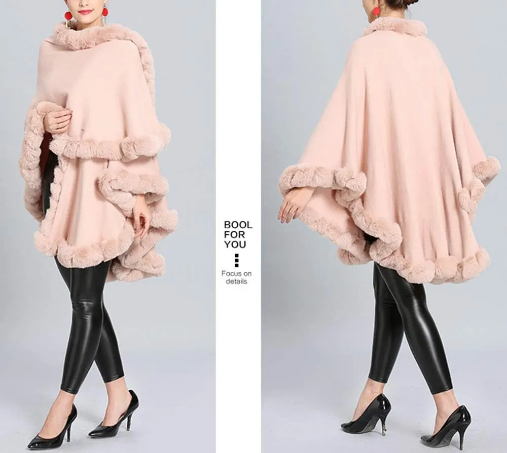 Women Solid Color Faux Fox Fur Cloak Knit Poncho large Cape Winter Shawl Coat