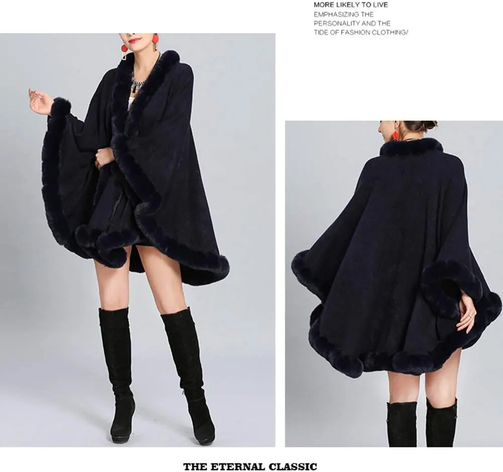 Women Solid Color Faux Fox Fur Cloak Knit Poncho large Cape Winter Shawl Coat
