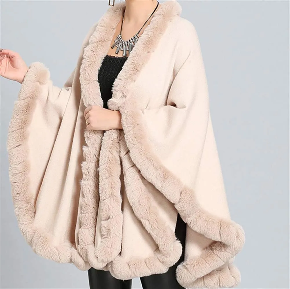 Women Solid Color Faux Fox Fur Cloak Knit Poncho large Cape Winter Shawl Coat