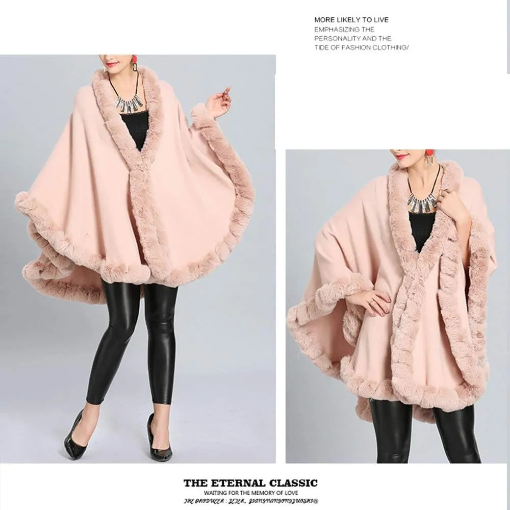 Women Solid Color Faux Fox Fur Cloak Knit Poncho large Cape Winter Shawl Coat