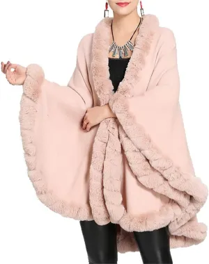 Women Solid Color Faux Fox Fur Cloak Knit Poncho large Cape Winter Shawl Coat