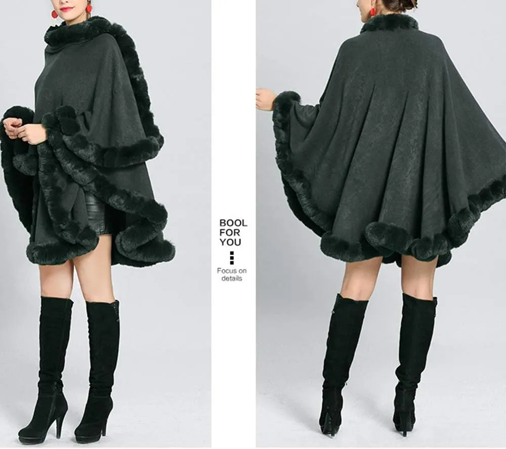 Women Solid Color Faux Fox Fur Cloak Knit Poncho large Cape Winter Shawl Coat