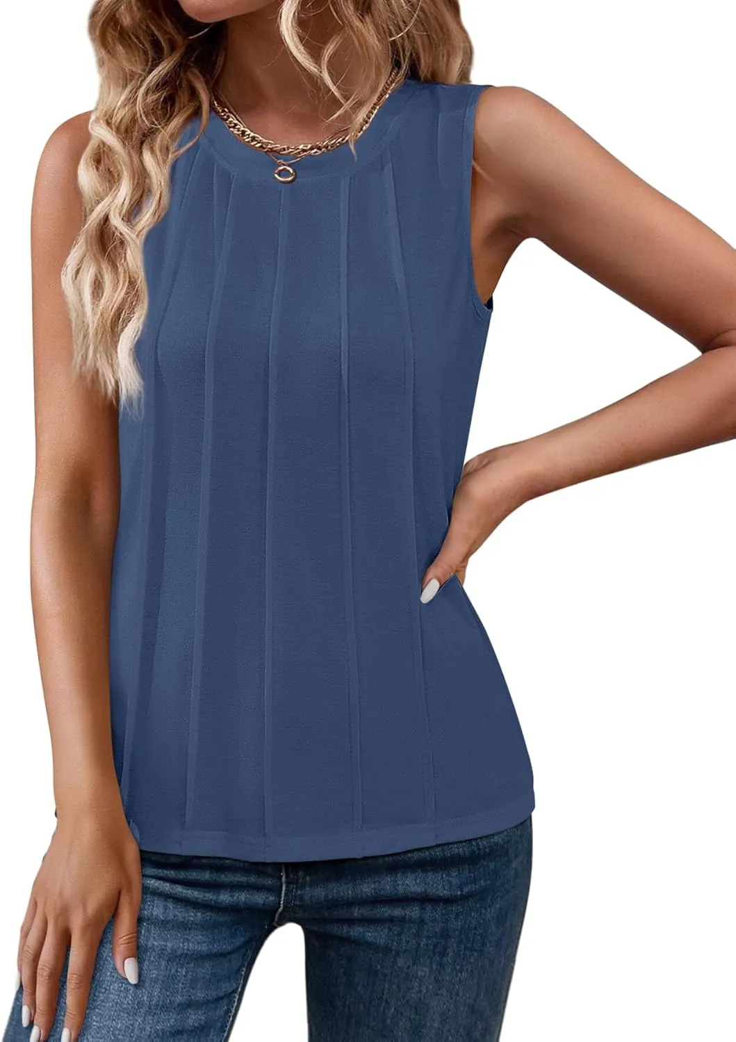 Women Summer Pleated Tank Tops 2025 Trendy Sleeveless Crewneck Tops Loose fit Dressy Casual Work Shirts