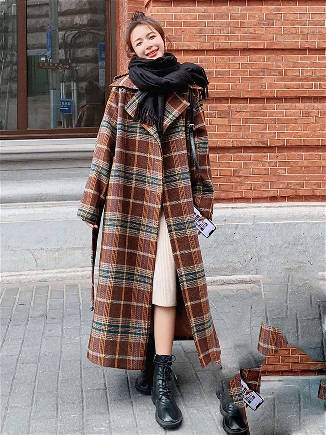 Women Vintage Plaid Tweed Long Coats Loose Wool Blend Thicken Jackets Warm Cotton Padded Lined