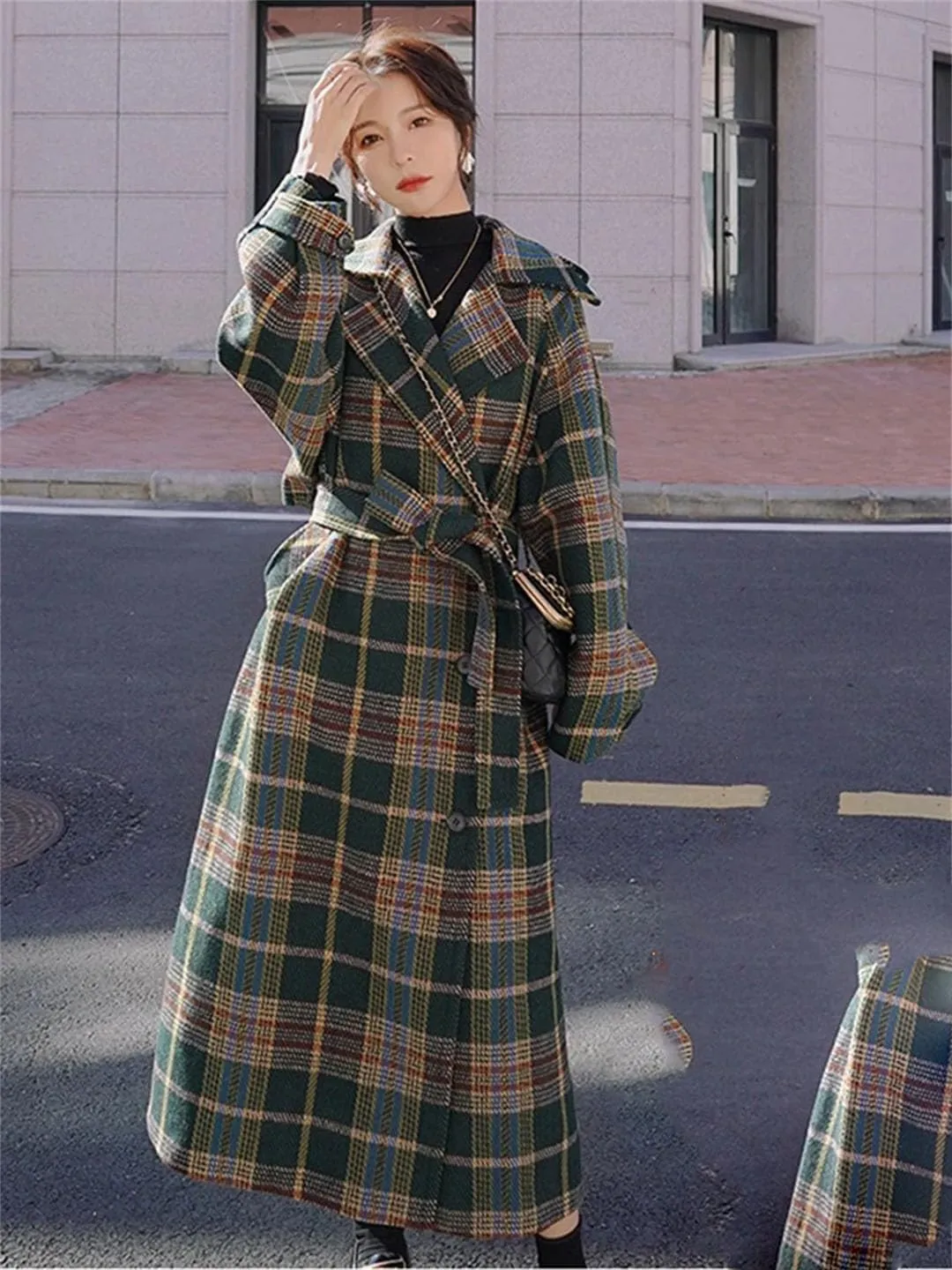 Women Vintage Plaid Tweed Long Coats Loose Wool Blend Thicken Jackets Warm Cotton Padded Lined