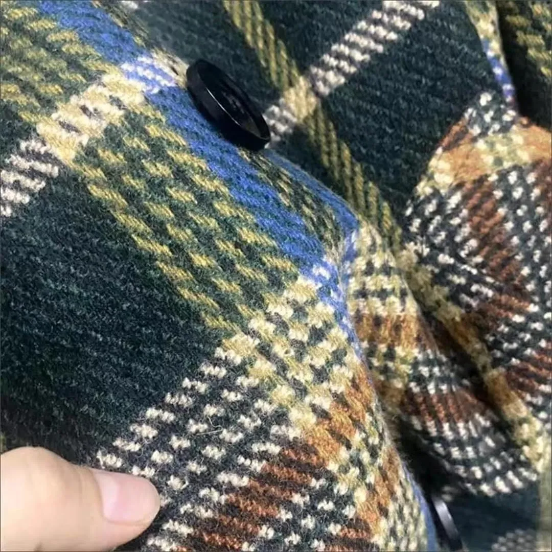 Women Vintage Plaid Tweed Long Coats Loose Wool Blend Thicken Jackets Warm Cotton Padded Lined