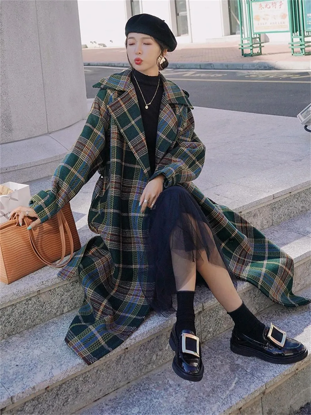 Women Vintage Plaid Tweed Long Coats Loose Wool Blend Thicken Jackets Warm Cotton Padded Lined