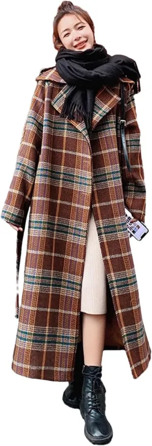 Women Vintage Plaid Tweed Long Coats Loose Wool Blend Thicken Jackets Warm Cotton Padded Lined