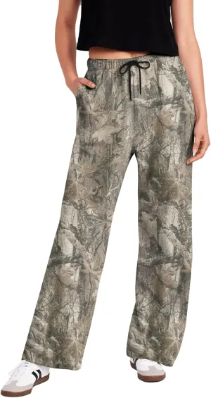 Women Wide Leg Camo Sweatpants High Waisted Drawstring Baggy Jogger Fleece Loose Sweat Pants with Pockets