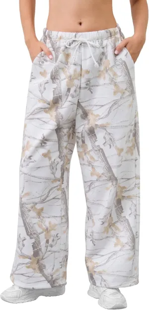 Women Wide Leg Camo Sweatpants High Waisted Drawstring Baggy Jogger Fleece Loose Sweat Pants with Pockets