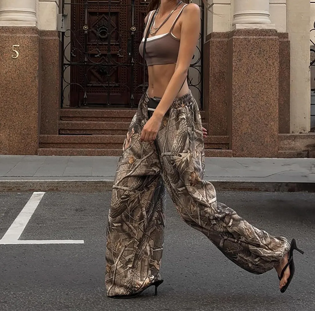 Women Wide Leg Camo Sweatpants High Waisted Drawstring Baggy Jogger Fleece Loose Sweat Pants with Pockets