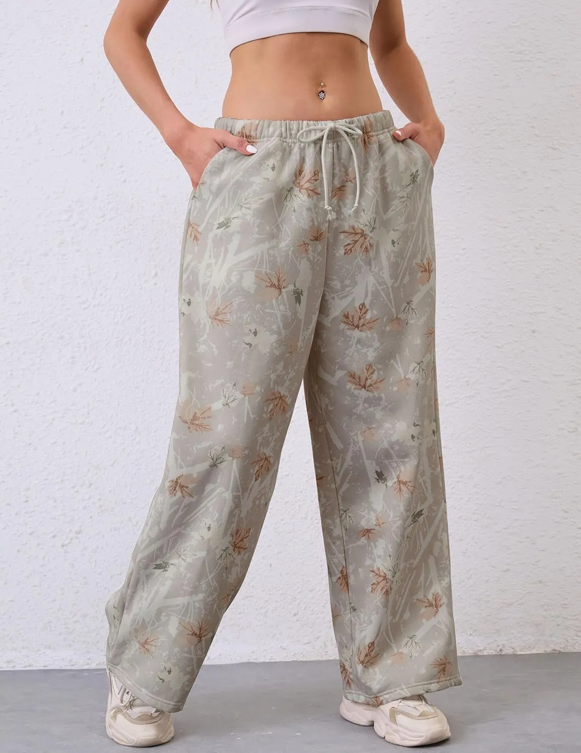 Women Wide Leg Camo Sweatpants High Waisted Drawstring Baggy Jogger Fleece Loose Sweat Pants with Pockets