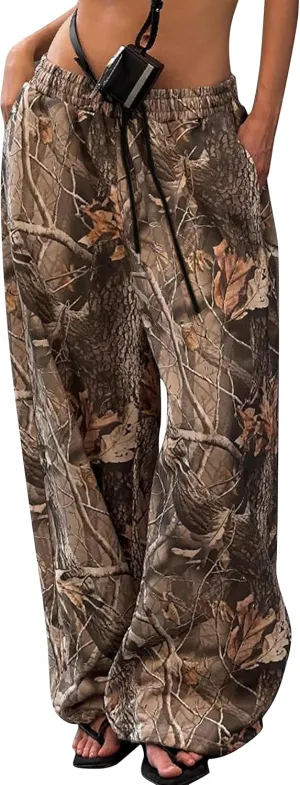 Women Wide Leg Camo Sweatpants High Waisted Drawstring Baggy Jogger Fleece Loose Sweat Pants with Pockets