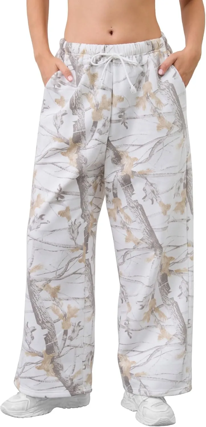 Women Wide Leg Camo Sweatpants High Waisted Drawstring Baggy Jogger Fleece Loose Sweat Pants with Pockets