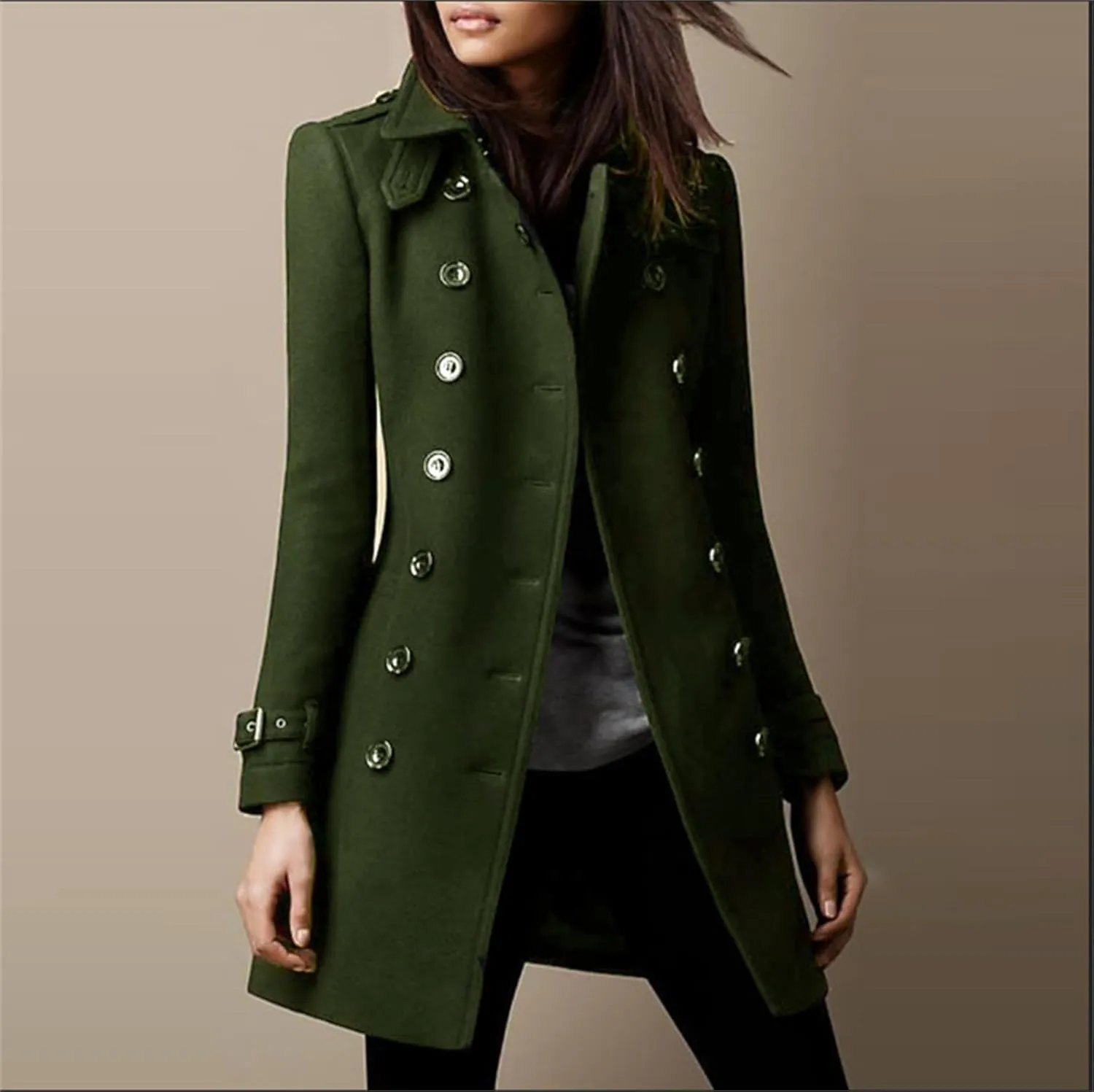 Women's 2024 Fashion Trench Coat Notch Lapel Double Breasted Thick A Line Pea Coats Jacket with Pockets