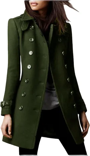 Women's 2024 Fashion Trench Coat Notch Lapel Double Breasted Thick A Line Pea Coats Jacket with Pockets