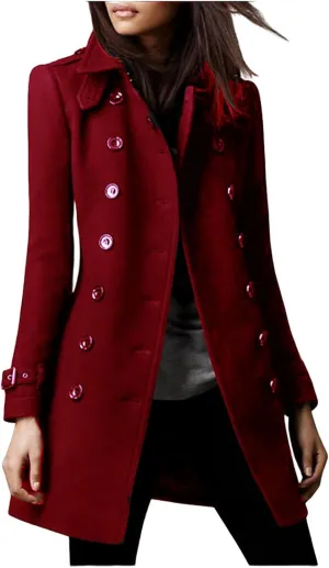 Women's 2024 Fashion Trench Coat Notch Lapel Double Breasted Thick A Line Pea Coats Jacket with Pockets