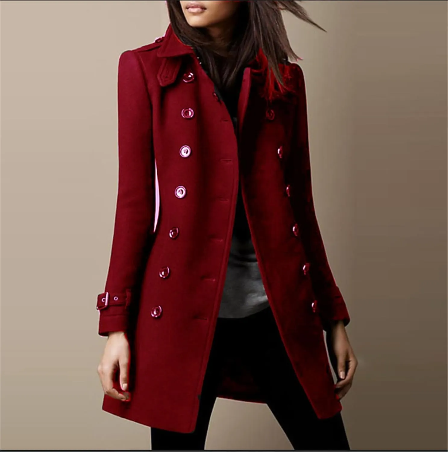 Women's 2024 Fashion Trench Coat Notch Lapel Double Breasted Thick A Line Pea Coats Jacket with Pockets