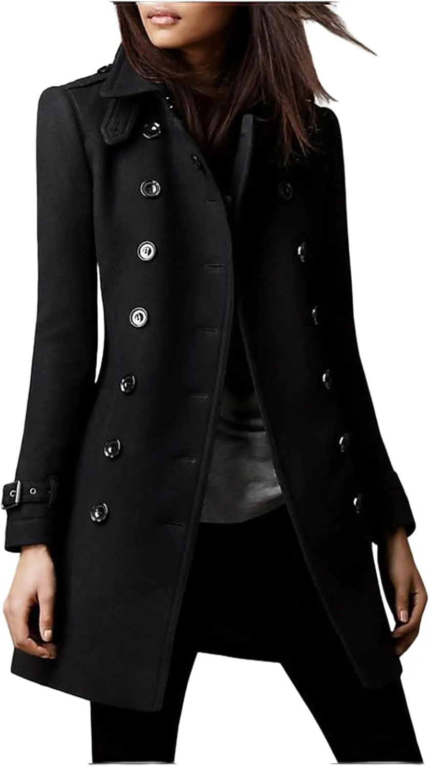 Women's 2024 Fashion Trench Coat Notch Lapel Double Breasted Thick A Line Pea Coats Jacket with Pockets